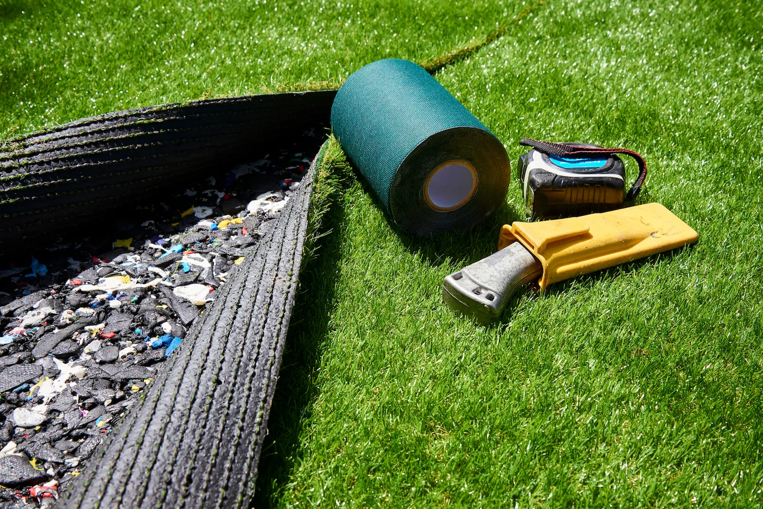 Tools used for installing artificial grass lie on a synthetic lawn. A roll of green tape, a utility knife with a yellow cover, and a tape measure are next to a piece of artificial grass with its backing and infill exposed—ideal essentials for Golf Green Installers in Scottsdale, AZ.